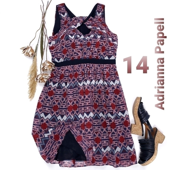 Adrianna Papell Red Blue Sheer Boho Dress 14 - Picture 1 of 12
